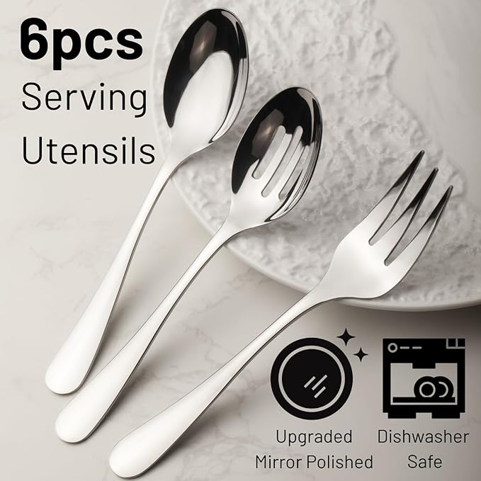 VIVANI 6-Piece Stainless Steel Serving Spoons and Forks Set, Serving Utensils for Parties, Buffet, Banquet and Kitchen, Dishwasher Safe, 8.6 Inches
