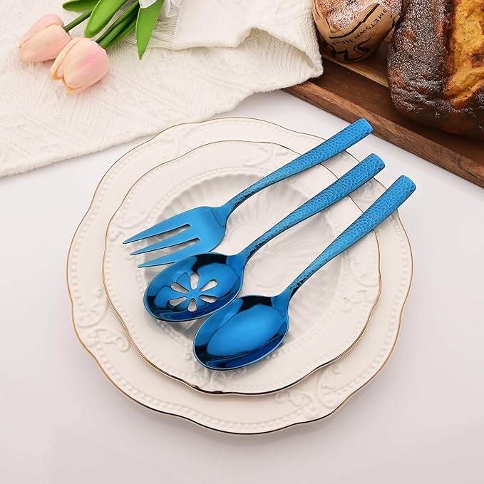 6 PCS Hammered Serving Utensils, Uniturcky Stainless Steel Serving Spoons Set, Square and Thick Hostess Serving Set, Includes 2 Serving Spoon 2 Serving Fork and 2 Slotted Spoon, Mirror Blue
