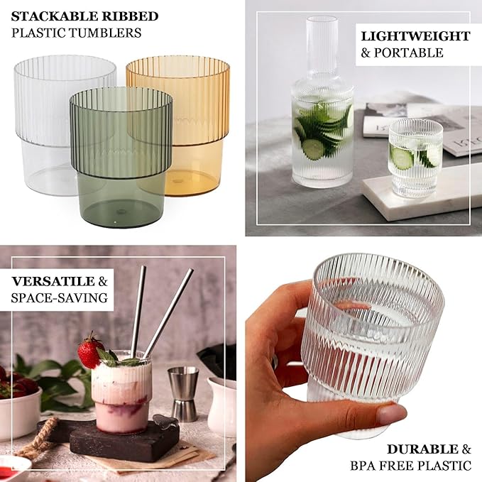 TCF Linen 12 Pack Clear Plastic Tumblers, 7oz Stackable Ribbed Reusable Shatterproof Short Drinking Glasses, Elegant Origami Design for Weddings Parties Catering Cocktails