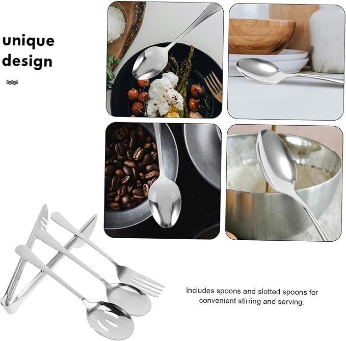 ABOOFAN 2sets Stainless Steel Utensil Set Serving Spoons Forks Slotted Spoons Tongs Portable Travel Utensils for Parties