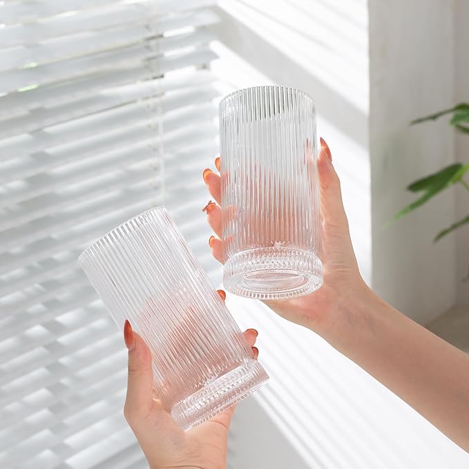 POLIDREAM 16oz Ribbed Glassware, Vintage Drinking Glasses Set of 4, Cocktail Glass Cups, Elegant Tom Collins Glasses, Highball Ribbed Glasses Ideal for Water, Iced Coffee, Juice, Beer, Milk