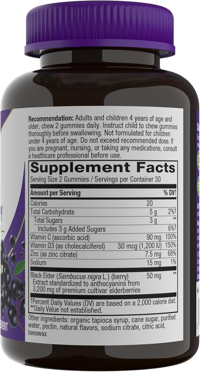 Nature’s Way Sambucus Elderberry Immune Support Gummies for Kids & Adults* with Black Elderberry Extract, Vitamin C, Vitamin D3, and Zinc, 60 Gummies (Packaging May Vary)