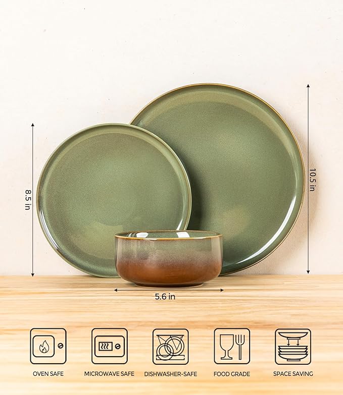 TheTerra Ceramic Dinnerware Sets, Handmade Reactive Glaze Plates and Bowls Set, Scratch Resistant Dish Set, Oven & Microwave & Dishwasher Safe, Service for 6, Brown Green