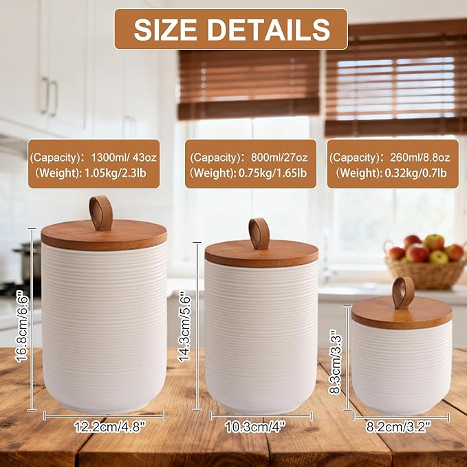 Simcat Ceramic Canister Set Kitchen Airtight Food Storage Jar with Bamboo Lids Coffee Sugar Tea Storage Containers (Medium white with belt-27oz)