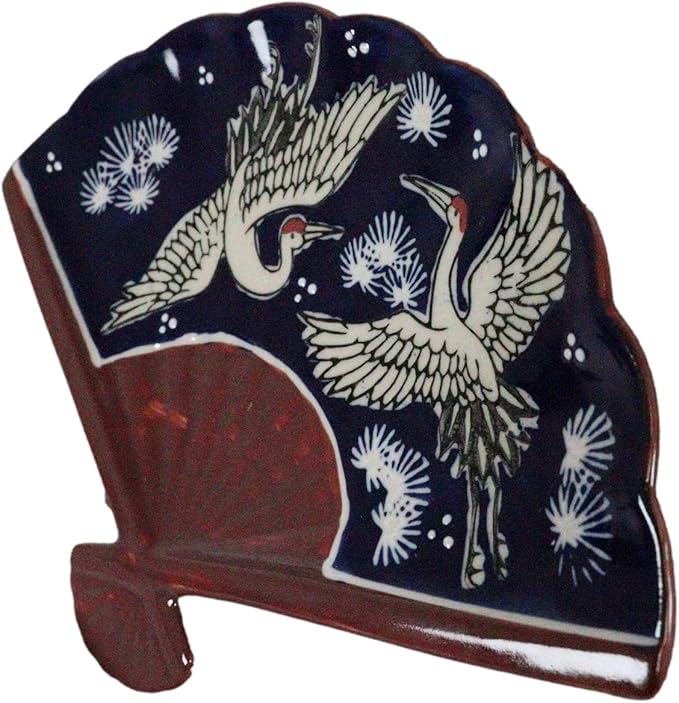 Ebros Pack Of 4 Colorful Oriental Folding Fan Shaped Appetizer Sushi Dessert Serving Dish Plates Decorative Asian Themed Artistic Dinner Lunch Serveware Plate Set (Twilight Blue Sky White Storks)
