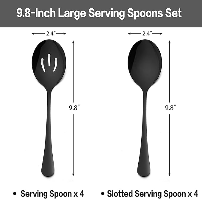 LIANYU 8 Pack Large Black Serving Spoons, 9.8 Inch Stainless Steel Slotted Serving Utensils Spoon Set for Banquet Catering Buffet Dinner Restaurant Party