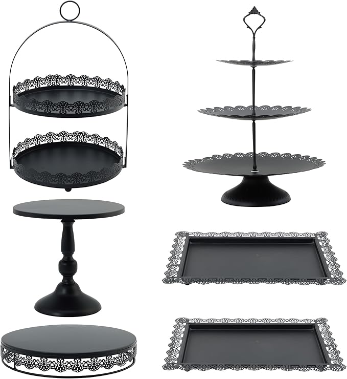 6 Pcs Black Cake Stands Set, QENUIITEA Cake Display Pedestal Tiered Cupcake Holder Dessert Plate Serving Tower Tray Decorative for Wedding Birthday Party Baby Shower Celebration