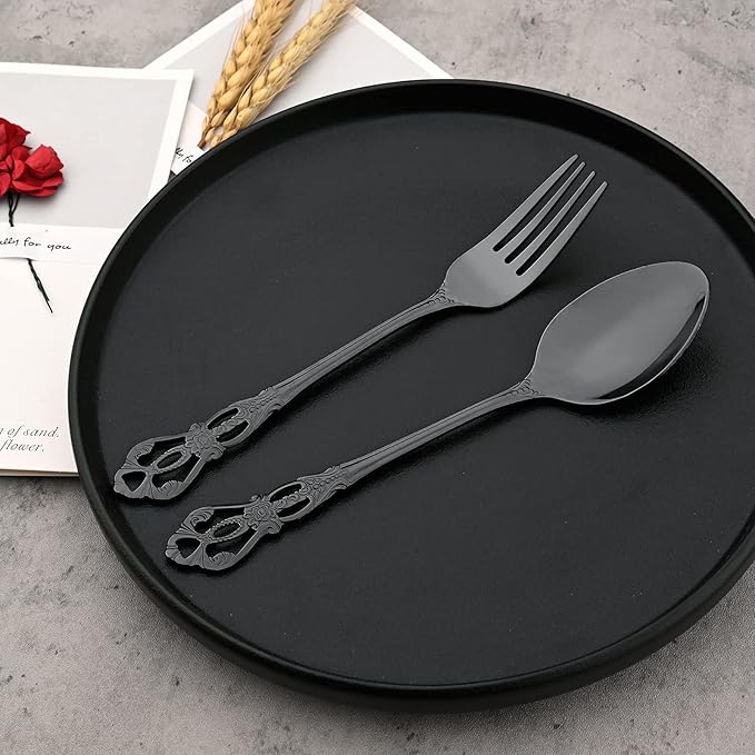Mirror Polished Black Silverware Set, 24-Piece 18/10 Stainless Steel Shiny Finish Flatware Set Service for 6, Kitchen Utensil Set, Tableware Cutlery Set for Home and Restaurant Dishwasher Safe