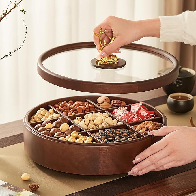 12" Wooden Serving Tray with Lid, 360° Rotating Snack Try, 9 Compartments, Platter Organizer for Snacks, Candy, Nuts, Chips, Tray for Party, Family Dinner and Holidays