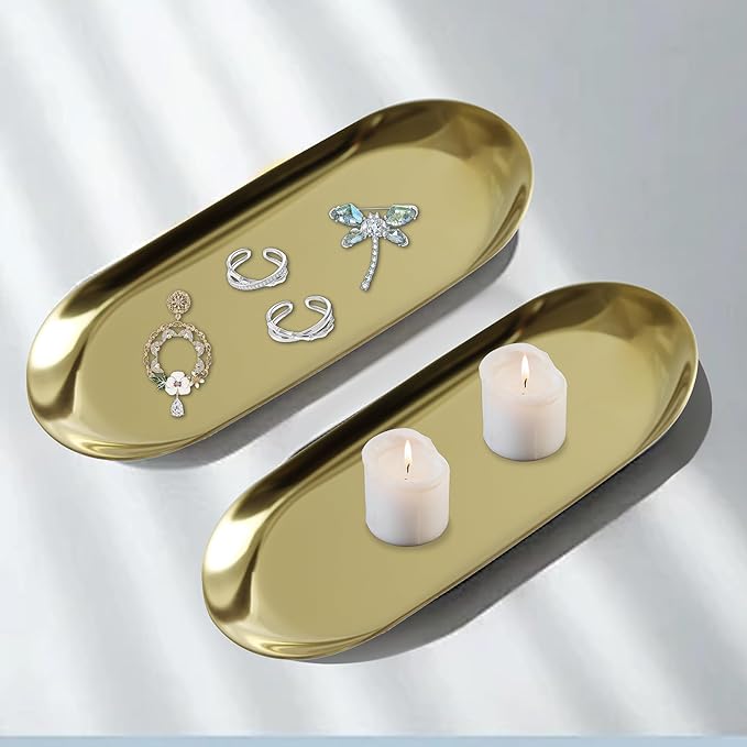 2Pcs 7x3.3inch Stainless Steel Decorative Trays, Oval Jewelry Dish Cosmetics Organizer, Gold Serving Platter for Bathroom Vanity Dresser Storage