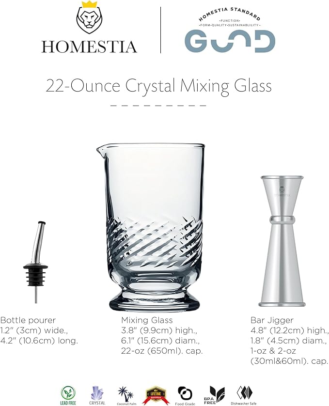 HOMESTIA Crystal Cocktail Mixing Glass Perfect for Manhattan, Martini, Old Fashioned, Whiskey Sour, Negroni, Bartender Tools, Bartending Supplies, Home Bar Accessories, 22 oz