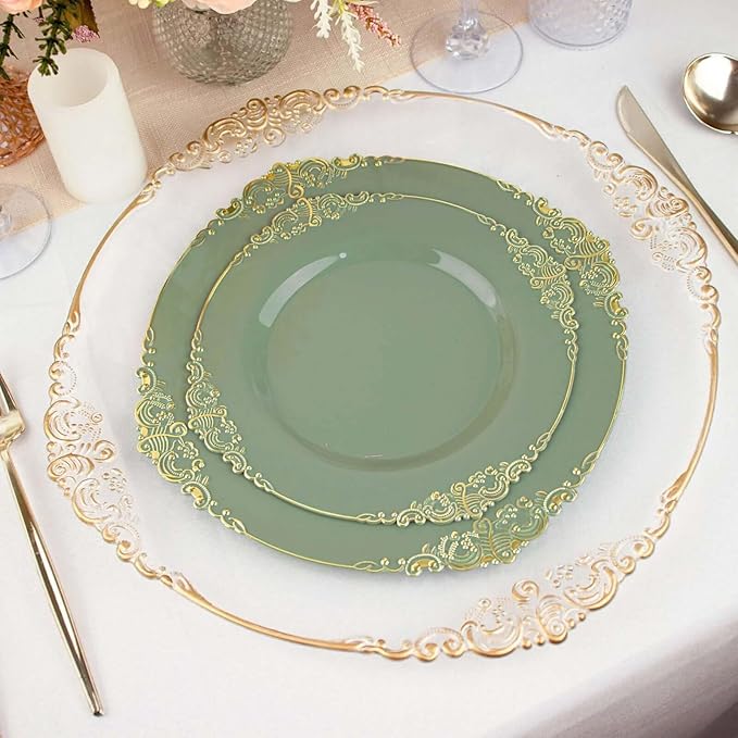 10" Dinner Plates -Set of 10 - Plastic Dusty Sage Green Round Baroque Disposable Chargers Leaf Embossed Rim, Ideal for Dinner Party Wedding Bulk Events