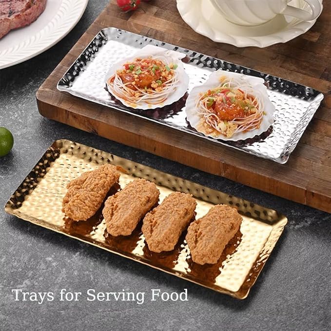 Decorative Tray Stainless Steel Serving Trays Hammered Rectangular 9.8 x 4.3 Inch Dessert Plates Reusable Fruit Stand for Living Room Kitchen Gold