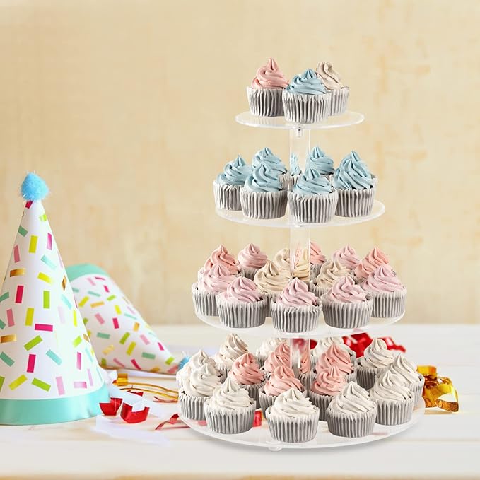 Acrylic Cupcake Stand Clear Cupcake Holder Display Stand Dessert Pastry Tower Stand for Wedding Birthday Bar Party Décor (Round - 4 Tier)