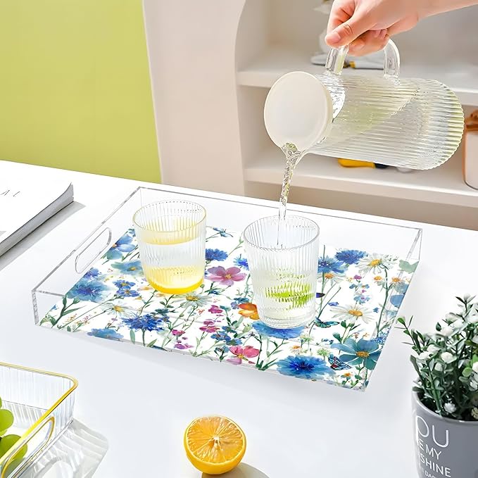 Serving Tray with Handles Clear Acrylic Tray 12x16 Inch Decorative Rectangular Tray Organizer for Ottoman Coffee Table Bathroom Watercolor Cornflower Daisy