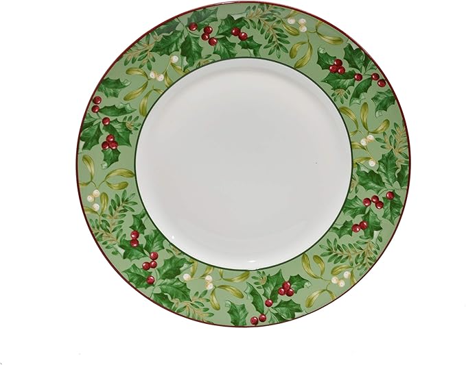 222 Fifth Christmas Foliage 12-Piece Porcelain Dinnerware Set for 4 - Glossy White Plates and Bowls Sets with Green Holly and Berry Design, Durable Ceramic Dish Set for Holiday Dining, Elegant Dishes