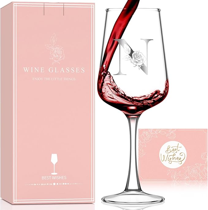 Personalized Wine Glass Gifts for Women - Monogrammed A-Z Wine Glasses Gift | Custom Christmas Gift, Valentines Day, Birthday Gifts for Women Her Mom Wife Best Friend Sister (N)