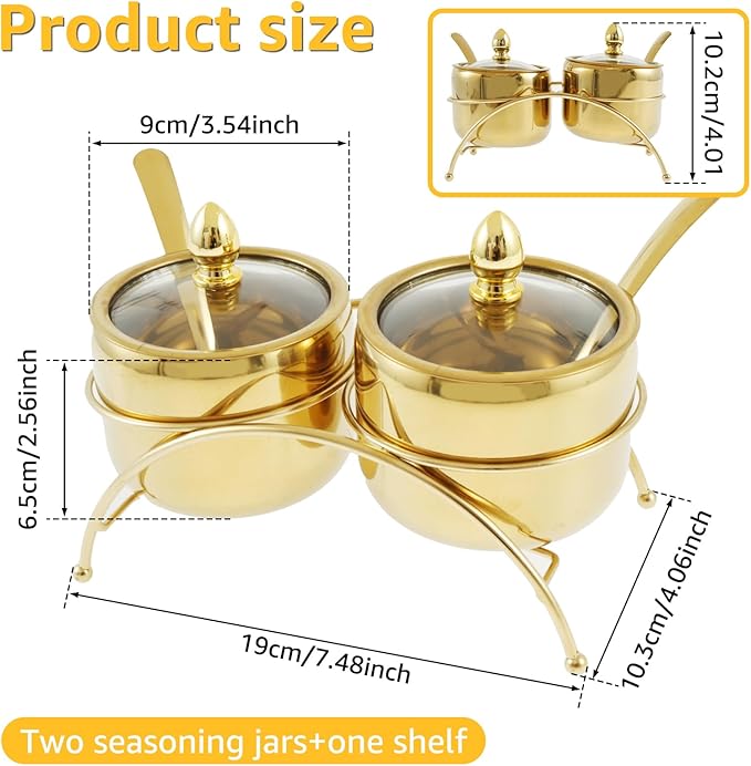 Stainless Steel Sugar Bowl Set with Clear Glass Lid Bracket Rustproof Seasoning Box Smooth Condiment Pots Compact Sugar Container Reusable Seasoning Jar Spice Container for Salt Candy QQIKUUF(golden)