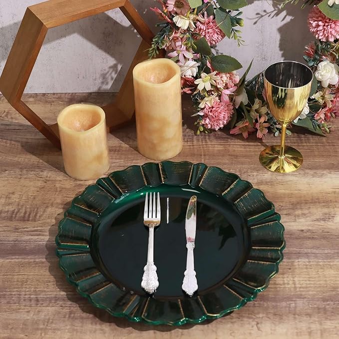 Efavormart Set of 6-13" Round - Hunter Emerald Green Plastic Charger Plates With Waved Scalloped Rim for Wedding, Outdoor Receptions, Banquets, Holiday Dinner plates Chargers