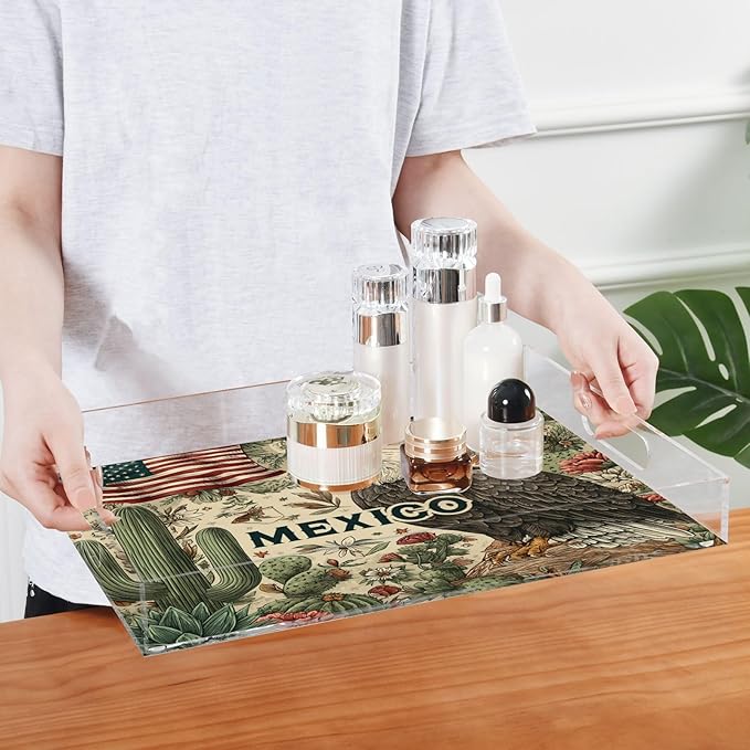 Serving Tray with Handles Clear Acrylic Tray 12x16 Inch Decorative Rectangular Tray Organizer for Ottoman Coffee Table Bathroom Retro Mexico American Eagle Cactus Beige