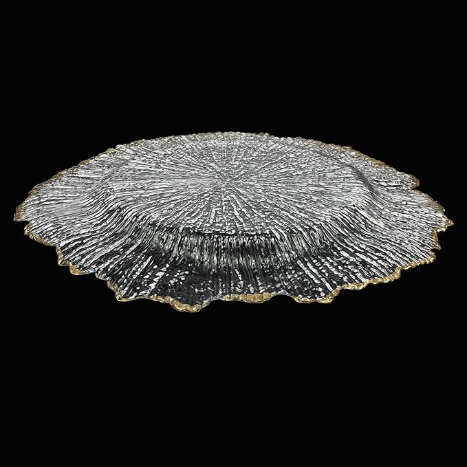 25Pcs Antique Clear Charger Plates, 13" Round Chargers for Dinner Plates, Reusable Plastic Charger Plates Bulk with Flower-Like Decorative Gold Rim for Wedding, Dinner, Party, Bridal Shower