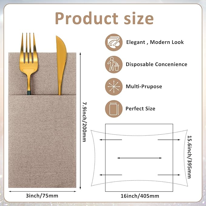 Cindeer 150 Pcs Wood Color Linen Dinner Feel napkins with Built in Flatware Pocket Prefolded Paper Disposable Airlaid Guest Hand Towel for Silverware Wedding Reception Christmas Baby Shower