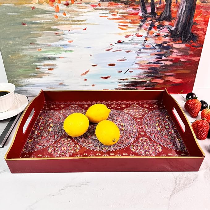 Boho Red Decorative Tray, Serving Tray with Handles, Plastic Tray for Coffee Table, Ottoman - Ideal for Living Room & Bathroom. 15” x 11” x 2.5”
