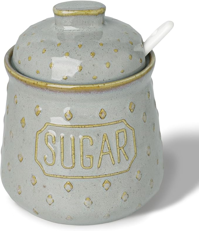 Sugar Bowl with Lid and Spoon, 10 OZ Ceramic Sugar Container for Kitchen Accessories, Sugar Storage Containers, Farmhouse Decor (Vintage Grey)