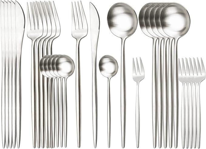 30PCS Matte Round Handle Flatware Set Service For 6, 18/10 Stainless Steel Cutlery Daily Use Tableware Include Cake Fork Teaspoon Set For Home Restaurant Party (Silver)