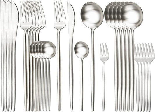 30PCS Matte Round Handle Flatware Set Service For 6, 18/10 Stainless Steel Cutlery Daily Use Tableware Include Cake Fork Teaspoon Set For Home Restaurant Party (Silver)