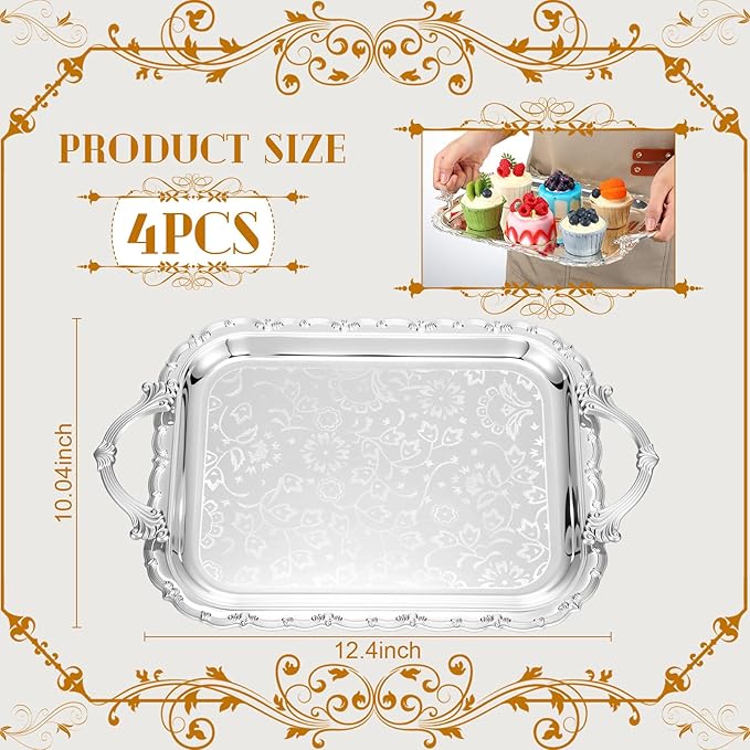 4 Pcs Silver Serving Tray with Handles Elegant Victoria Floral Engraved Metal Platters Large Decorative Trays for Buffet,Wedding Party, Jewelry Display, Service(Classic,Sliver)