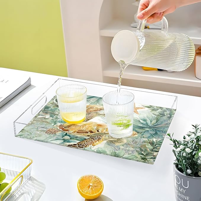 Serving Tray with Handles Clear Acrylic Tray 12x16 Inch Decorative Rectangular Tray Organizer for Ottoman Coffee Table Bathroom Sea Turtle Starfish Plants