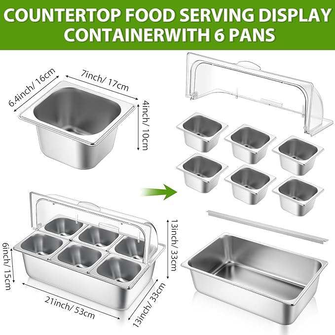 Countertop Food Serving Display Container Clear Roll Top Cover 6 Pan Stainless Steel Ice Food Buffet Server Salad Bar Pizza Topping Station Condiment Dispenser Restaurant Kitchen Party(Silver)