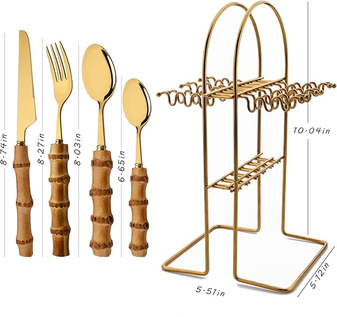 Bamboo Silverware set, 25 PCS Natural Bamboo Flatware Set with Holder, Stainless Steel Forks Spoons and Knives set with Bamboo Handle, Gold Cutlery Set with Stand, Service for 6
