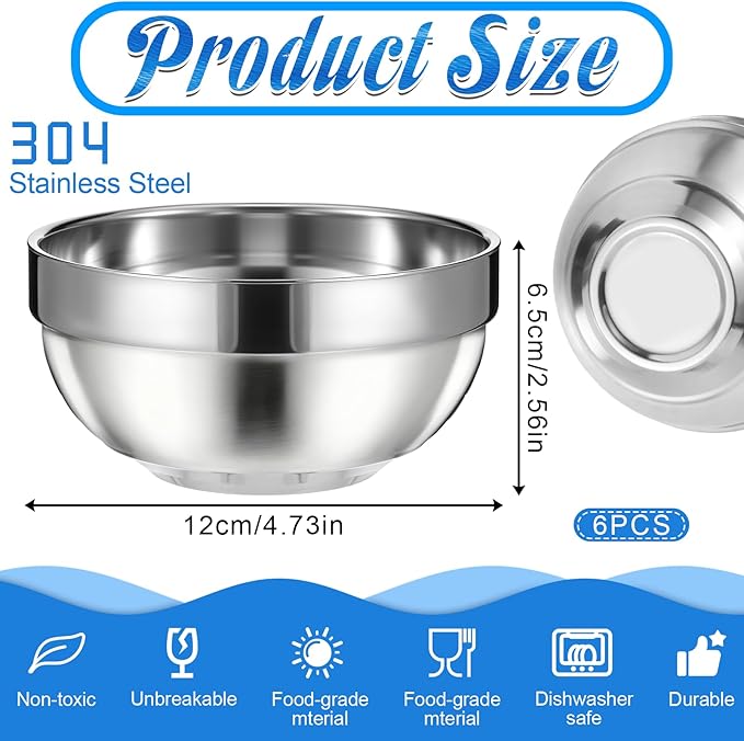 6 Pcs 18/8 Stainless Steel Bowls 17 Oz Double Walled Insulated Soup Bowls 5 Inch Metal Serving Eating Bowl Snack Cereal Bowl for Soup Cereal Ice Cream Rice Salad Snacks