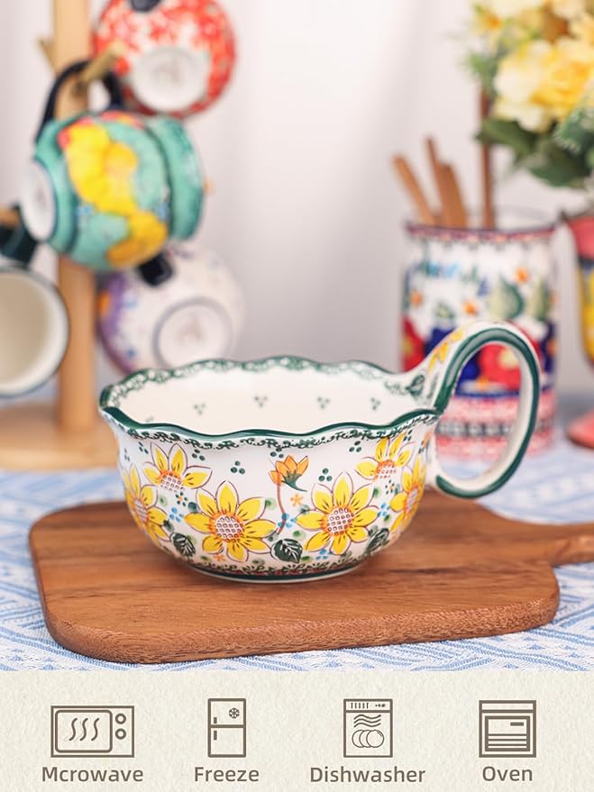 silesia Handmade Ceramic Soup Bowl, 30 oz Hand Painted Bowl with Loop Handle, Floral Design Cereal Bowl for Soup, Ice cream, Snack, Microwave & Dishwasher Safe (Sunflower)