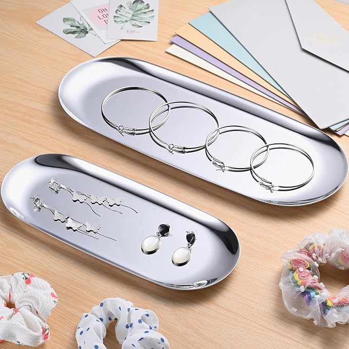 Set of 2 Silver Oval Stainless Steel Tray (30cm x 12cm) – Mini Coffee Table Tray for Jewelry, Cosmetic & Candle