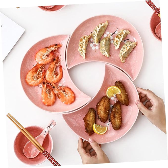 2pcs Moon Disk Food Storage Dipping Sauce Dishes Salad Plate Moon Tray Ring Dish Holder Appetizer Plates Tableware Organizer Cosmetic Tray Sushi Ceramics Seafood Pink
