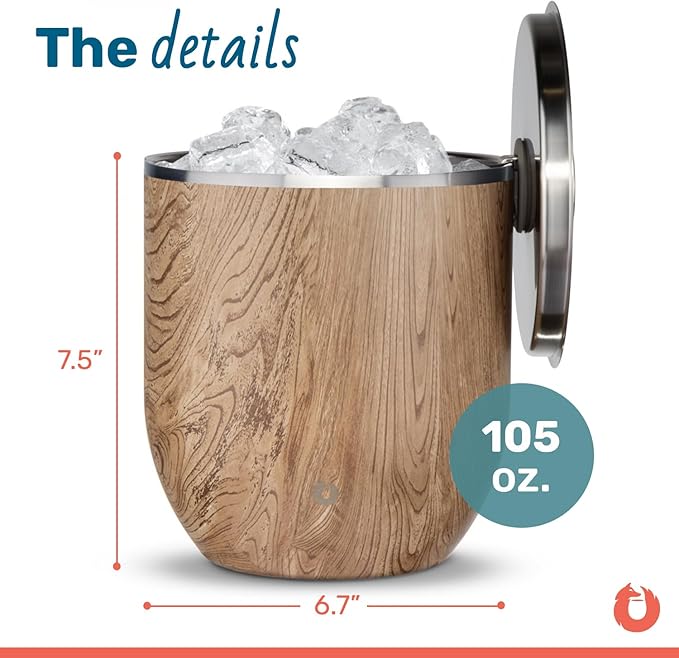 Snowfox Plus, Premium Vacuum Insulated Stainless Steel Ice Bucket with Lid/Scoop,Home Bar Accessories,Elegant Bartending Ice Bucket for Parties,Beautiful Outdoor Entertaining Supplies,3L,Natural Teak