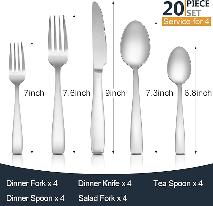 E-far Matte Silverware Set for 4, 20 Pieces Stainless Steel Flatware Eating Utensils Set for Home Kitchen Restaurant, Metal Forks Spoons and Knives with Square Handle, Dishwasher Safe