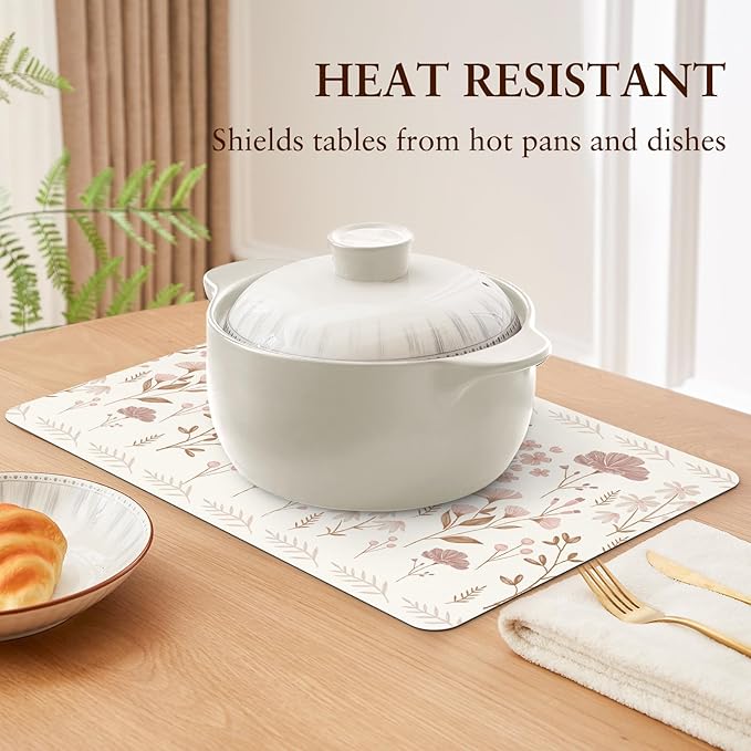 QIYI Placemats Set of 4, 12x18 Inch PU Leather Place Mats for Kitchen Dinning, Heat Resistant Anti Slip Floral Table Mats, Waterproof Wipeable Washable Placemat Party Beige Table Décor, Pink Flowers