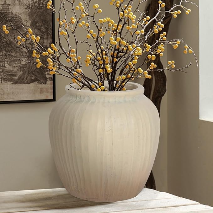 Oakrain Large Rustic Minimalist Vase, 11" Distressed Round Floor Vase for Home Decor, Farmhouse Centerpieces Planters with Gradient Design for Living Room Indoor Outdoor Use, Beige