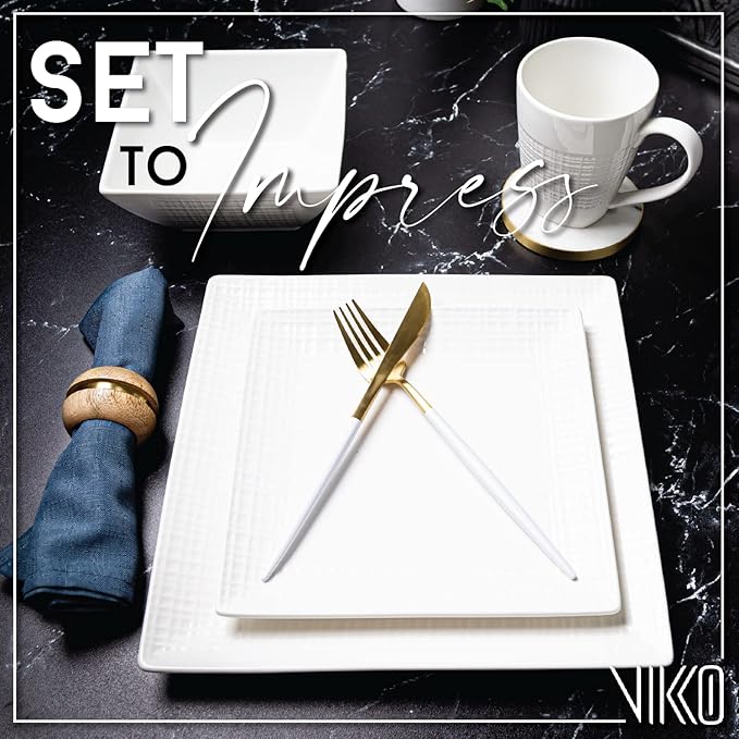 Vikko DinnerWare Sets,16 Piece Dinnerware Set, 4 Dinner Plates, 4 Dessert Plates, 4 Bowls, 4 Mugs, Fine Mesh Design, Service for 4 Ceramic Dinnerware Sets, Ivory