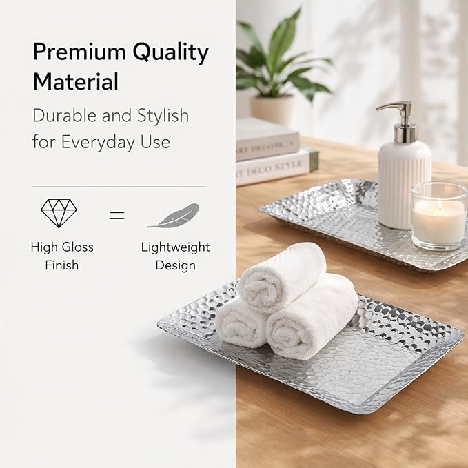 Stainless Steel Towel Tray Rectangular Serving Tray Silver 2PCS - Rustproof Durable Storage Organizer, Elegant Minimalist Design for Kitchen and Bathroom