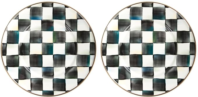 MACKENZIE-CHILDS Enamel Salad and Dessert Plate, Small Plate for a Dessert or Appetizer Dish, 8 Inches, Black-and-White Courtly Check (Pack of 2)