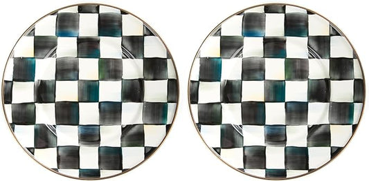 MACKENZIE-CHILDS Enamel Salad and Dessert Plate, Small Plate for a Dessert or Appetizer Dish, 8 Inches, Black-and-White Courtly Check (Pack of 2)