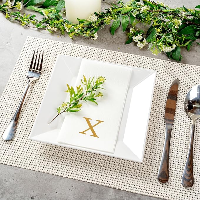 Luxenap 15.8 X 7.9 Inch Linen-Feel Guest Towels, 2000 Lettered Hand Towels - Gold Letter 'X', Sans Serif Font, White Paper Dinner Napkins, airlaid, For Restrooms And Tables - Restaurantware
