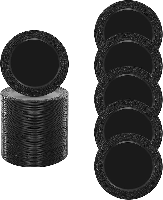 100 Pcs Antique Charger Plates Bulk 13 Inch Embossed Rim Plastic Party Dinner Plate Chargers Round Decorative Server Plate for Wedding Party Event Tableware (100pcs-black3)