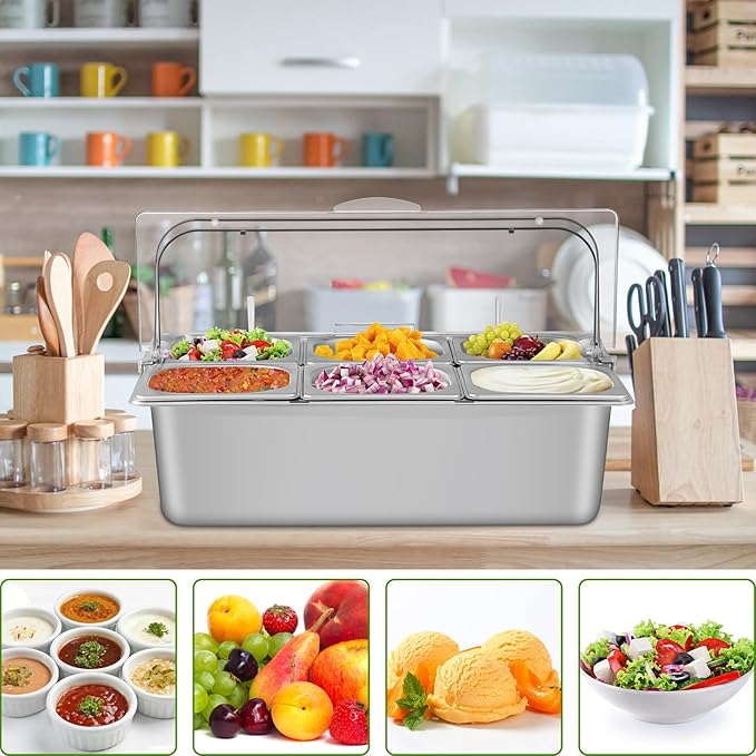 Countertop Food Serving Display Container with Clear Roll Top Cover, Stainless Steel Serving Tray Buffet Condiment Dispenser Ice Cooled Food Display Rack Pans(6 Pan)