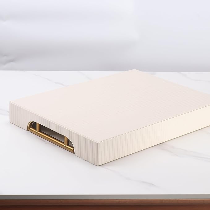 Wooden Structure Leather Decorative Tray With Brushed Champagne Gold Handle - Square Coffee Table Farmhouse Counter PU Serving Storage Tray (White)